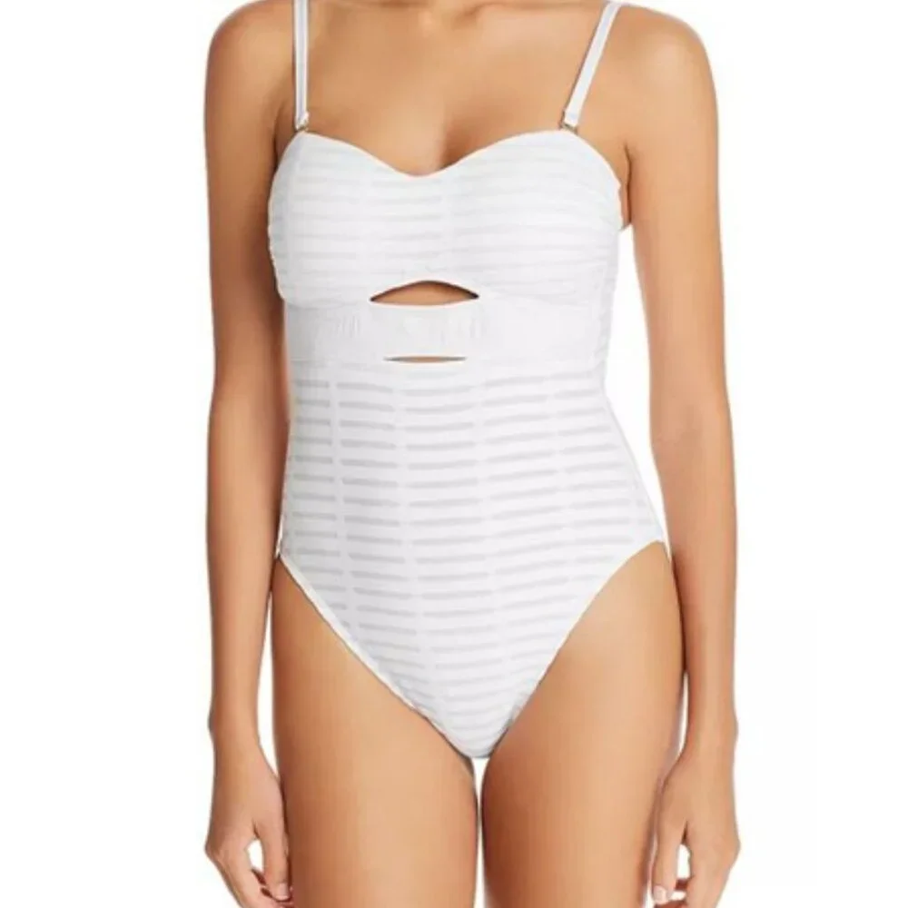Kenneth Cole White One-Piece Padded Bust Tummy Toner Swimsuit Size Large Classy - Picture 1 of 12